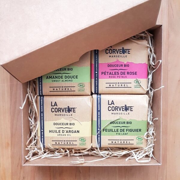 Gift set of 4 La Corvette natural soap bars in a carton gift box
