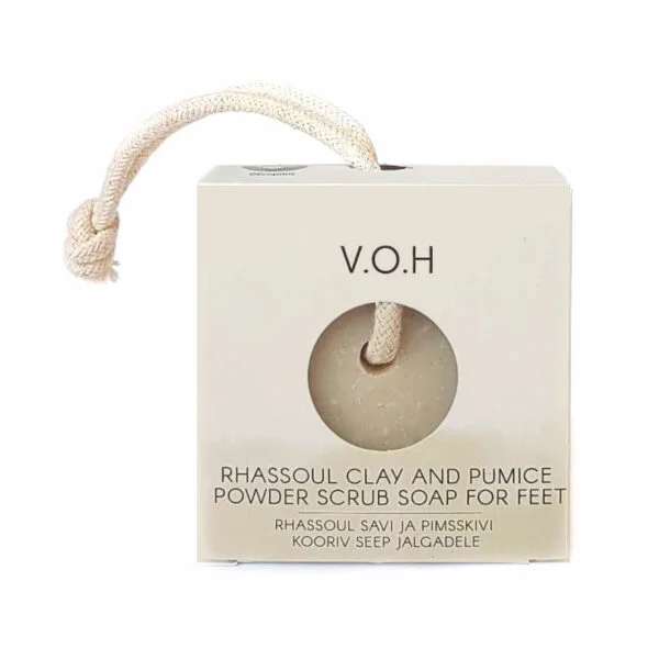 voh scrub soap on a rope with rhassoul clay and pumice powder for feet 90g